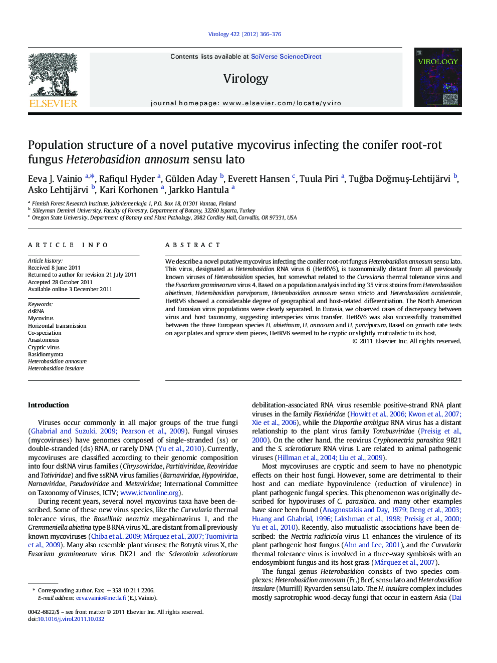 Population structure of a novel putative mycovirus infecting the conifer root-rot fungus Heterobasidion annosum sensu lato