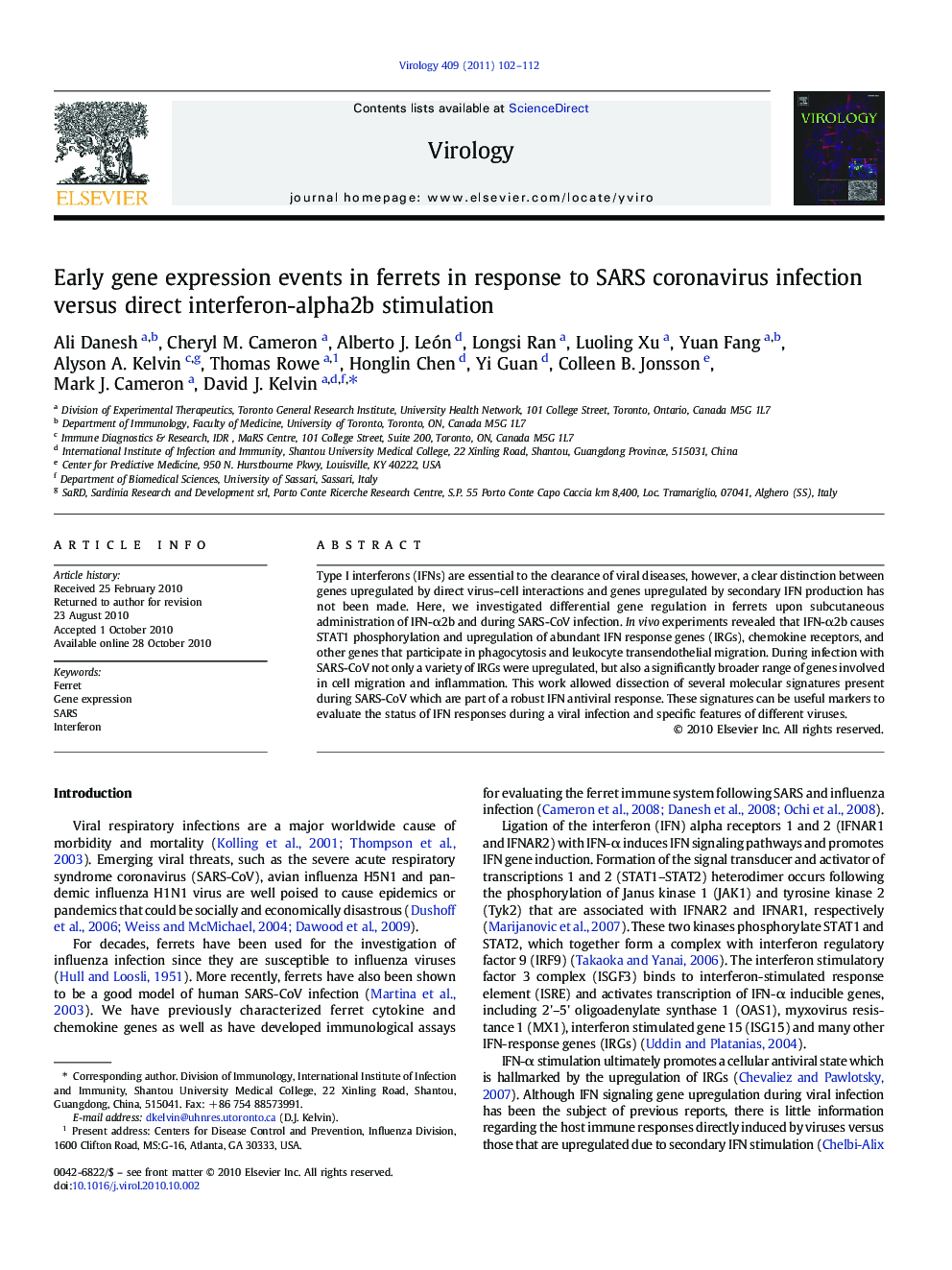 Early gene expression events in ferrets in response to SARS coronavirus infection versus direct interferon-alpha2b stimulation