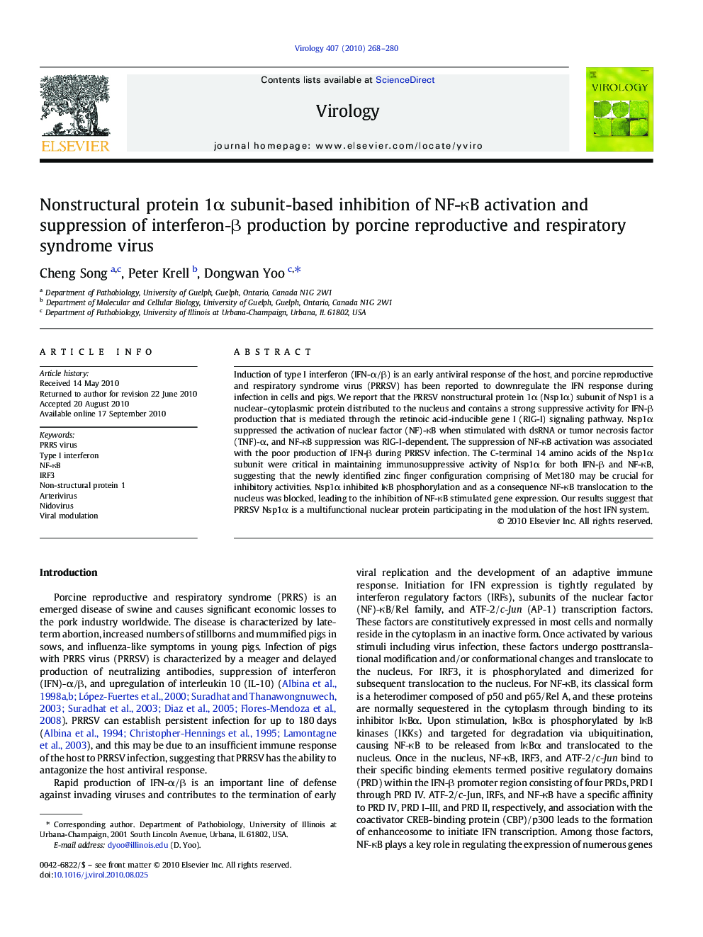 Nonstructural protein 1Î± subunit-based inhibition of NF-ÎºB activation and suppression of interferon-Î² production by porcine reproductive and respiratory syndrome virus