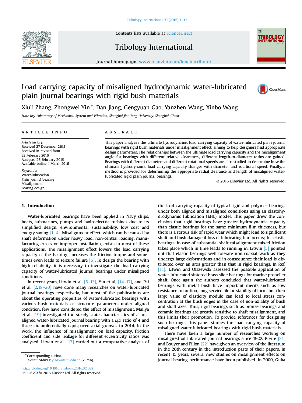 Load carrying capacity of misaligned hydrodynamic water-lubricated plain journal bearings with rigid bush materials