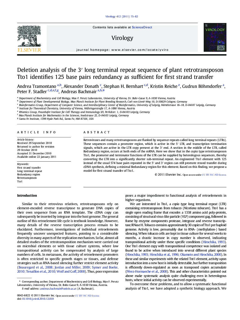 Deletion analysis of the 3â² long terminal repeat sequence of plant retrotransposon Tto1 identifies 125 base pairs redundancy as sufficient for first strand transfer