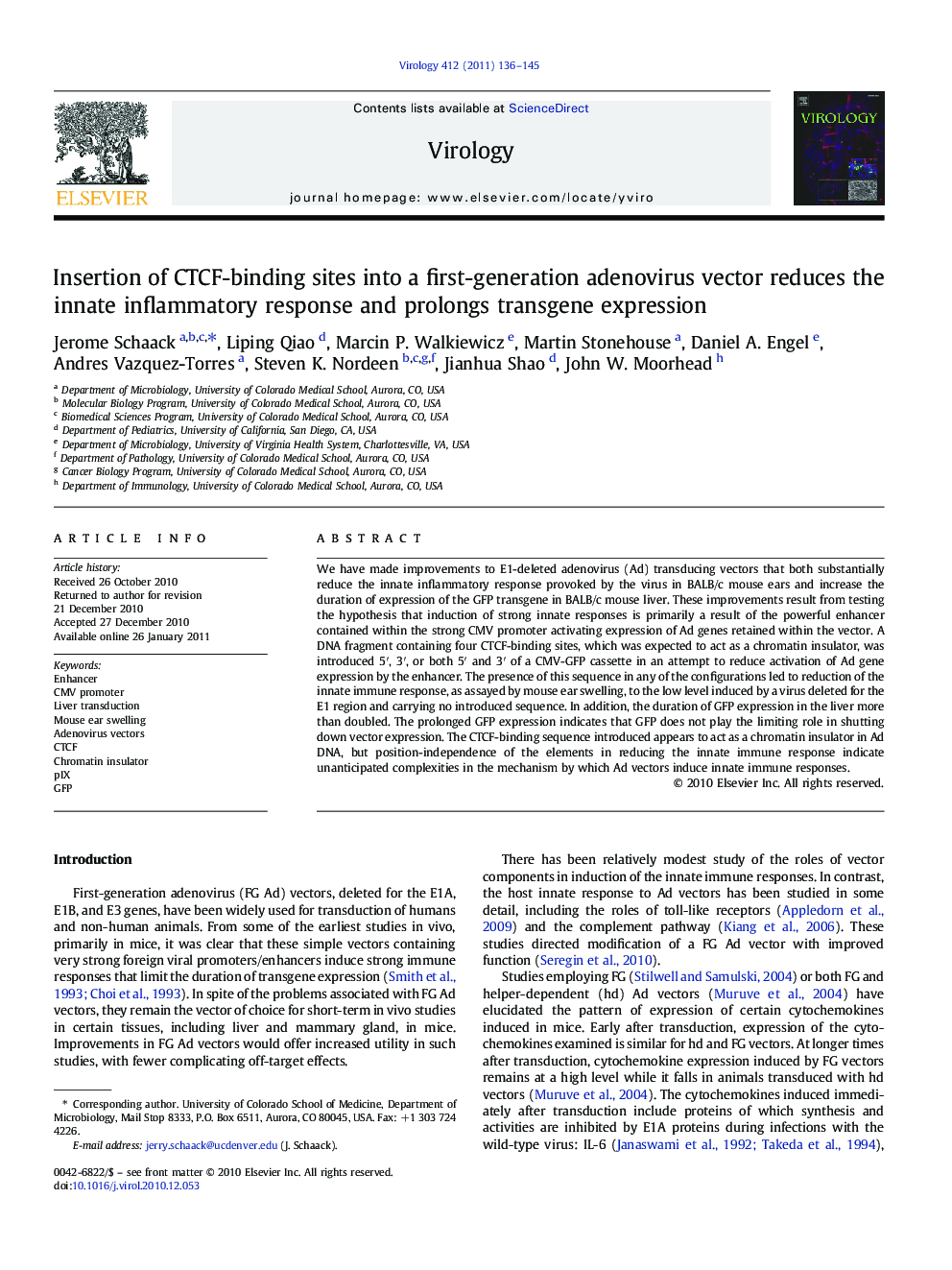 Insertion of CTCF-binding sites into a first-generation adenovirus vector reduces the innate inflammatory response and prolongs transgene expression