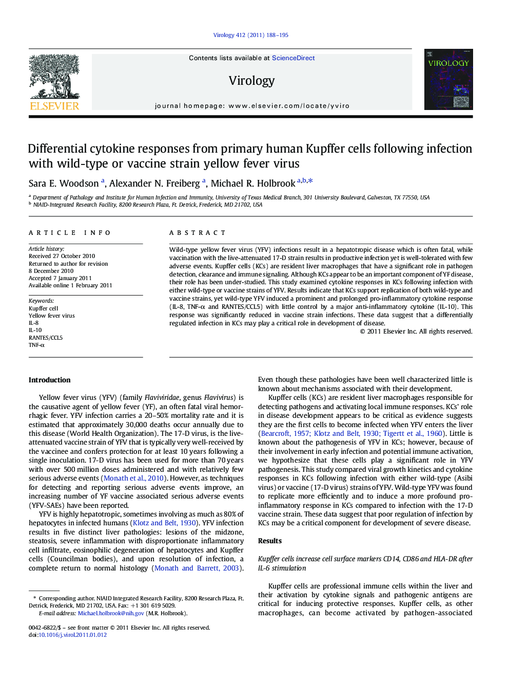 Differential cytokine responses from primary human Kupffer cells following infection with wild-type or vaccine strain yellow fever virus