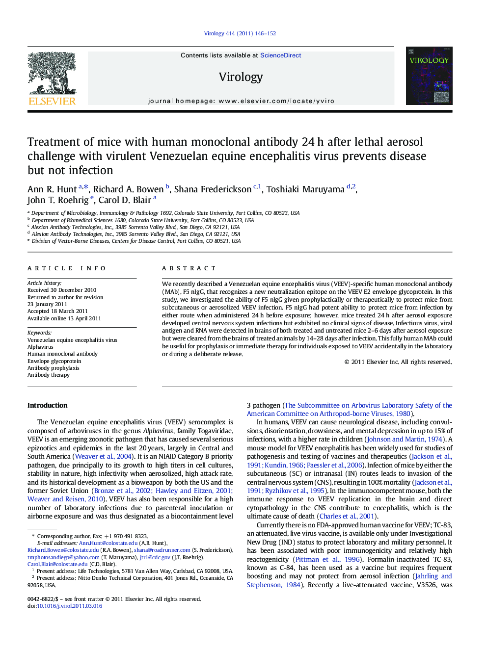 Treatment of mice with human monoclonal antibody 24Â h after lethal aerosol challenge with virulent Venezuelan equine encephalitis virus prevents disease but not infection