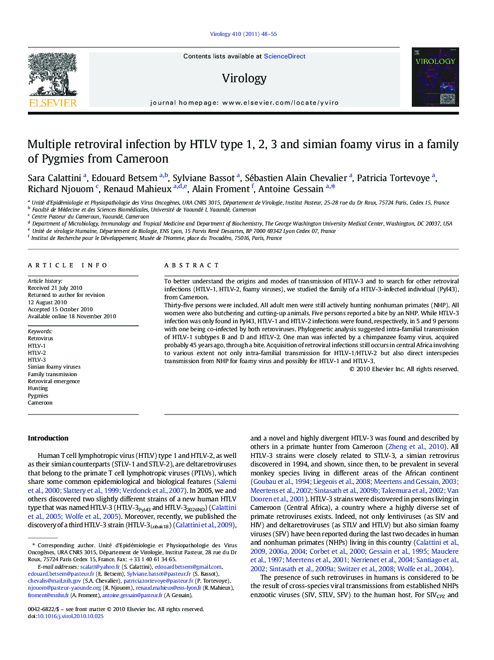 Multiple retroviral infection by HTLV type 1, 2, 3 and simian foamy virus in a family of Pygmies from Cameroon