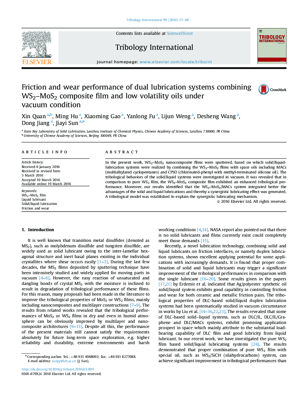 Friction and wear performance of dual lubrication systems combining WS2-MoS2 composite film and low volatility oils under vacuum condition