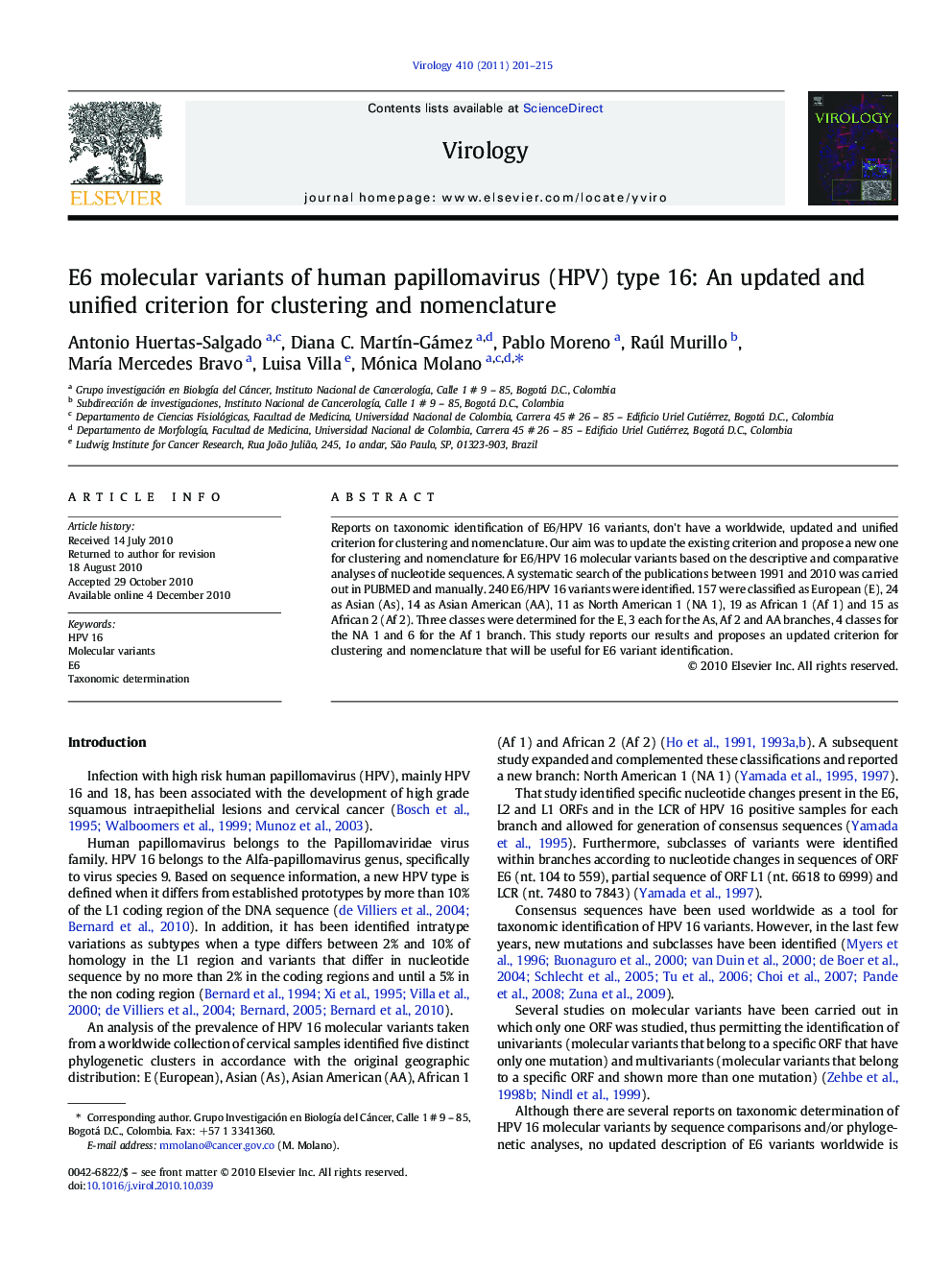 E6 molecular variants of human papillomavirus (HPV) type 16: An updated and unified criterion for clustering and nomenclature