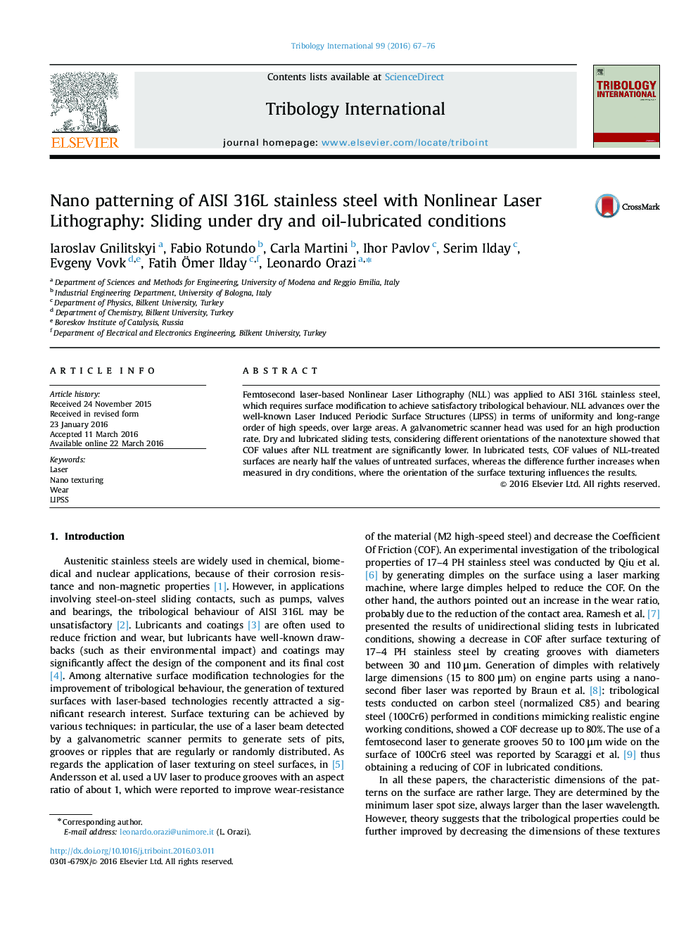 Nano patterning of AISI 316L stainless steel with Nonlinear Laser Lithography: Sliding under dry and oil-lubricated conditions