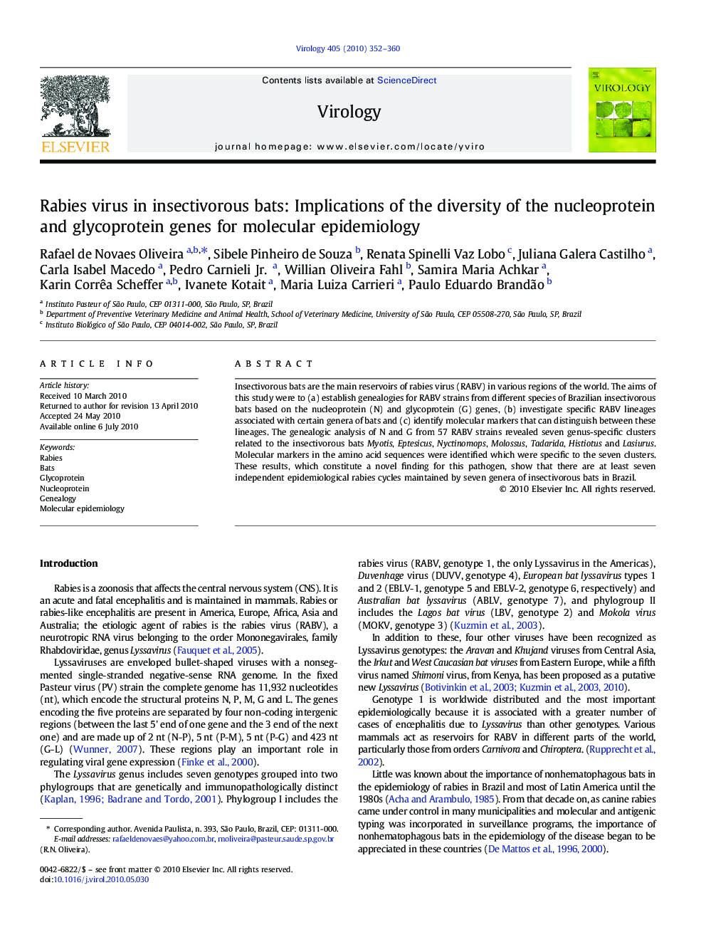 Rabies virus in insectivorous bats: Implications of the diversity of the nucleoprotein and glycoprotein genes for molecular epidemiology