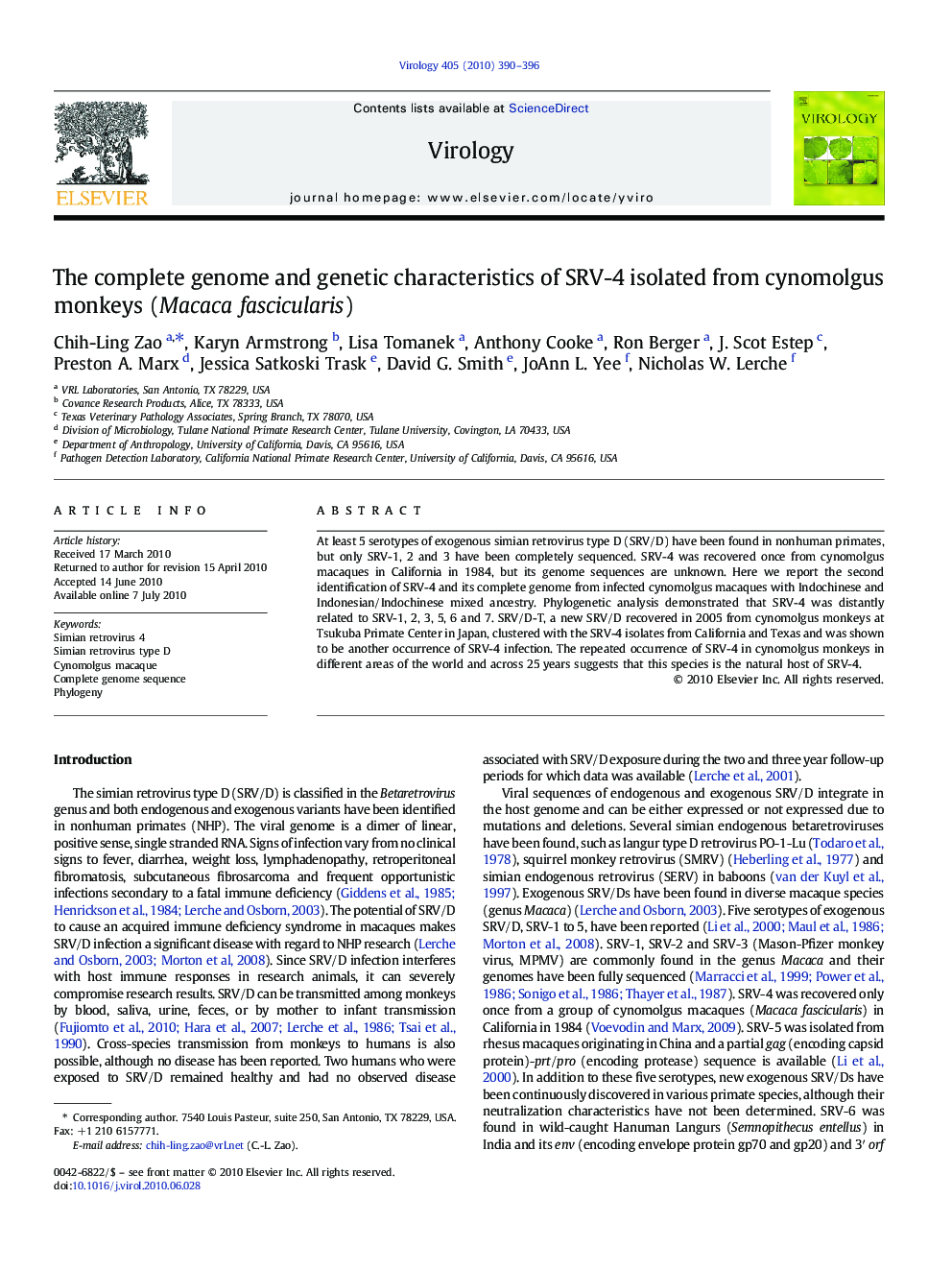 The complete genome and genetic characteristics of SRV-4 isolated from cynomolgus monkeys (Macaca fascicularis)