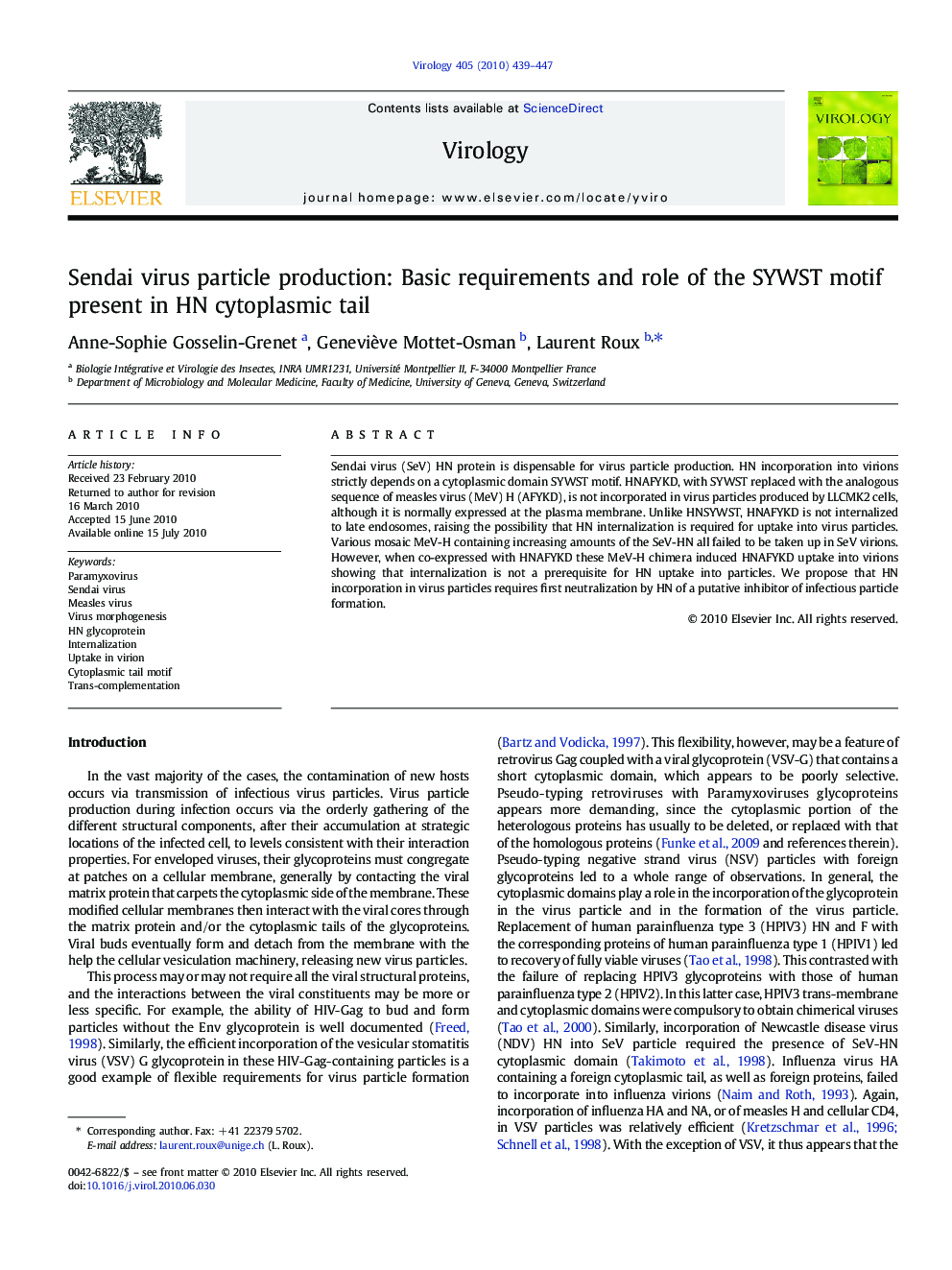 Sendai virus particle production: Basic requirements and role of the SYWST motif present in HN cytoplasmic tail