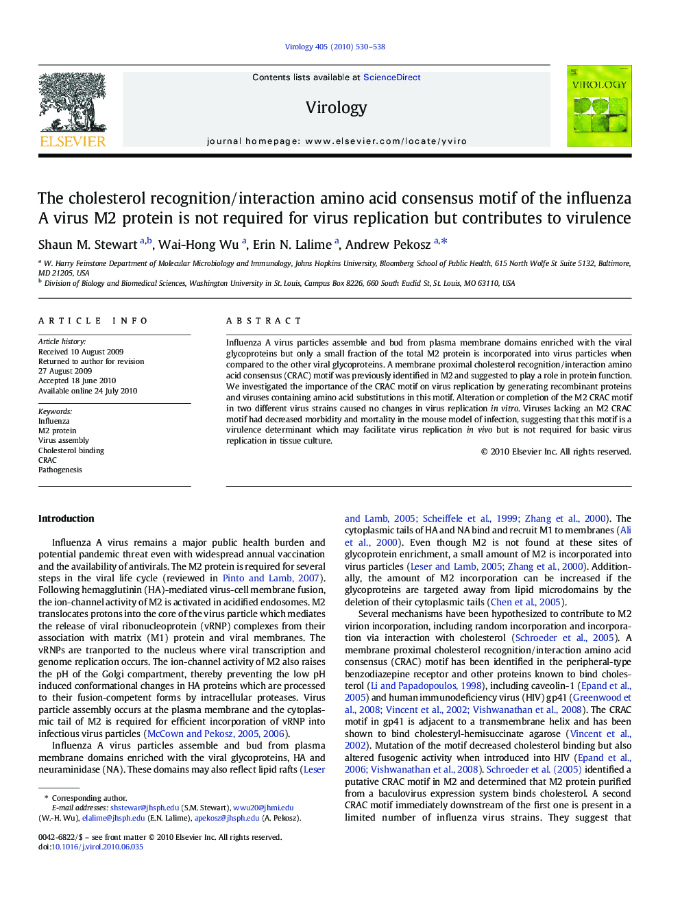 The cholesterol recognition/interaction amino acid consensus motif of the influenza A virus M2 protein is not required for virus replication but contributes to virulence