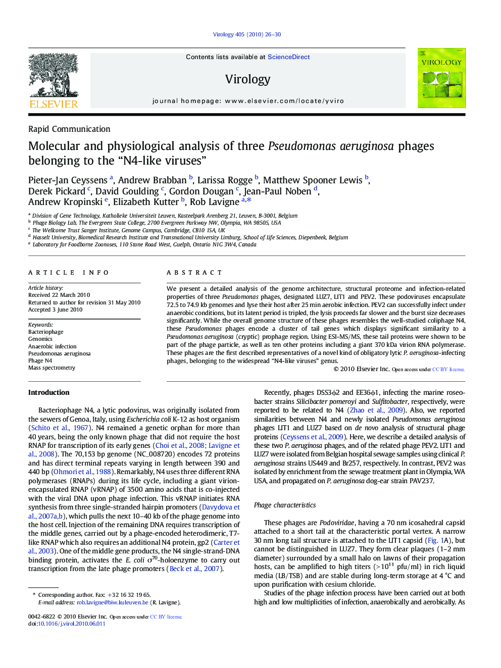 Molecular and physiological analysis of three Pseudomonas aeruginosa phages belonging to the “N4-like viruses”