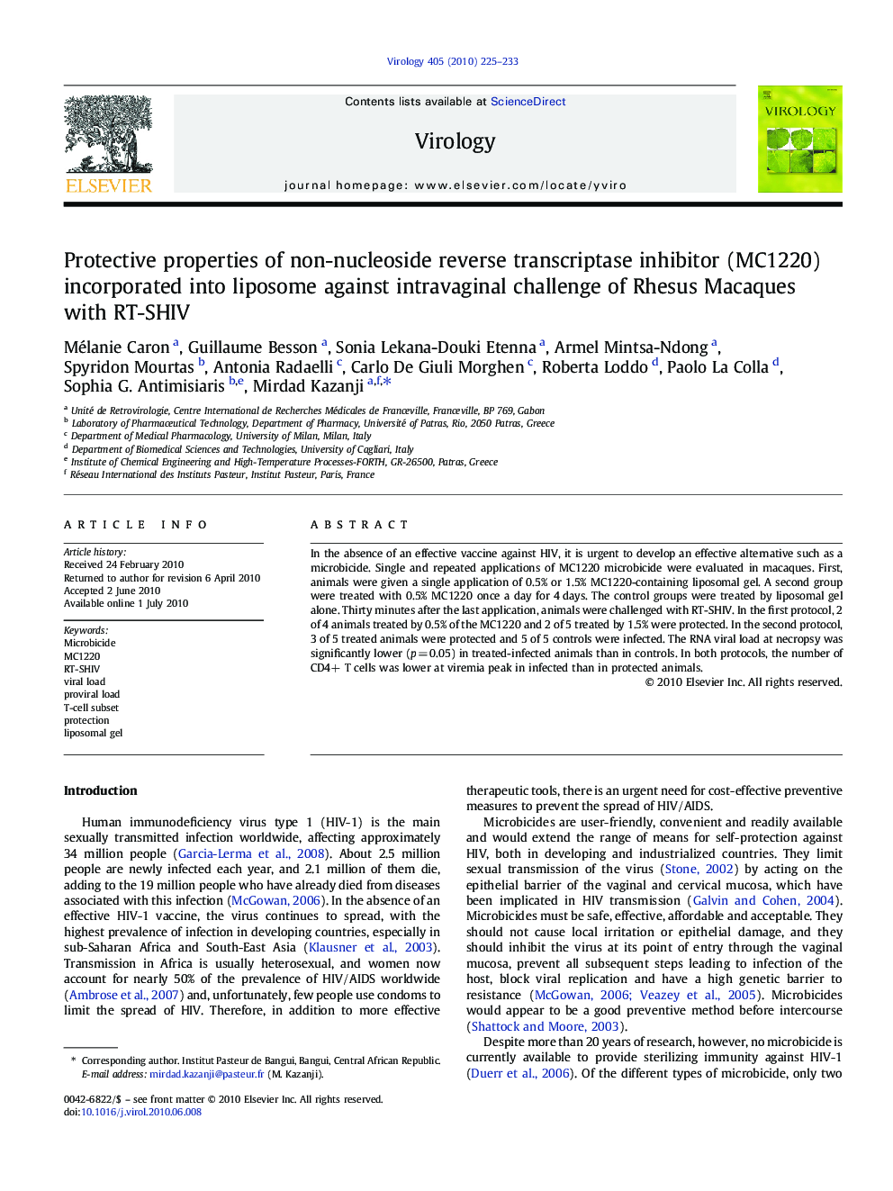 Protective properties of non-nucleoside reverse transcriptase inhibitor (MC1220) incorporated into liposome against intravaginal challenge of Rhesus Macaques with RT-SHIV