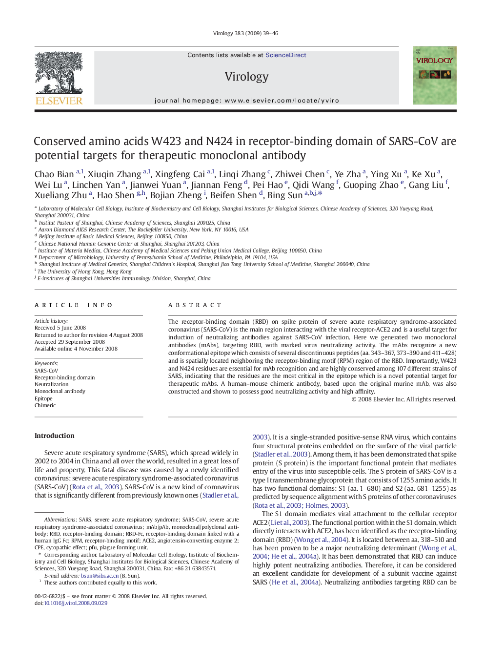 Conserved amino acids W423 and N424 in receptor-binding domain of SARS-CoV are potential targets for therapeutic monoclonal antibody