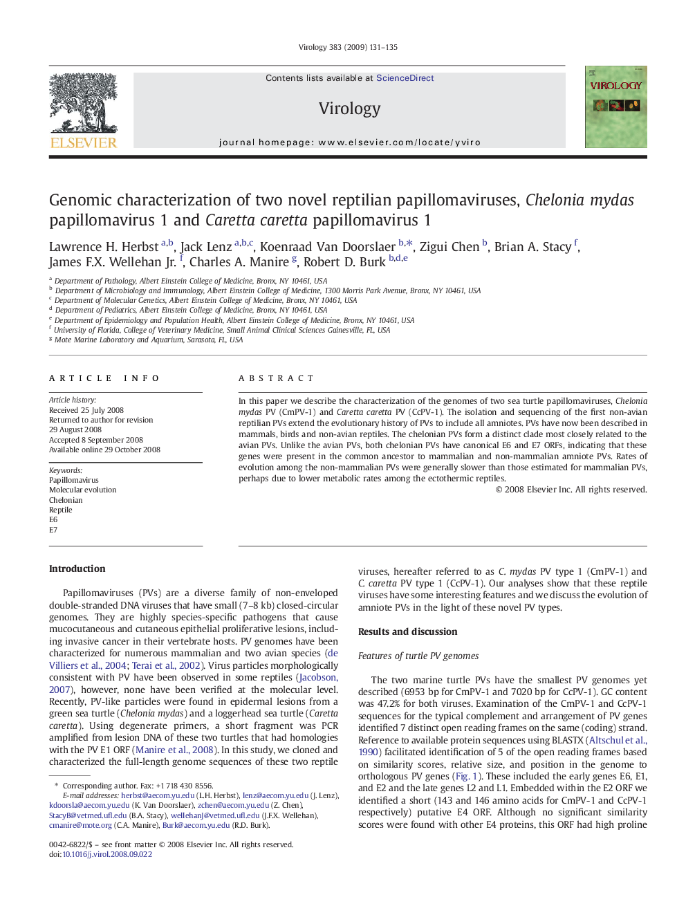 Genomic characterization of two novel reptilian papillomaviruses, Chelonia mydas papillomavirus 1 and Caretta caretta papillomavirus 1