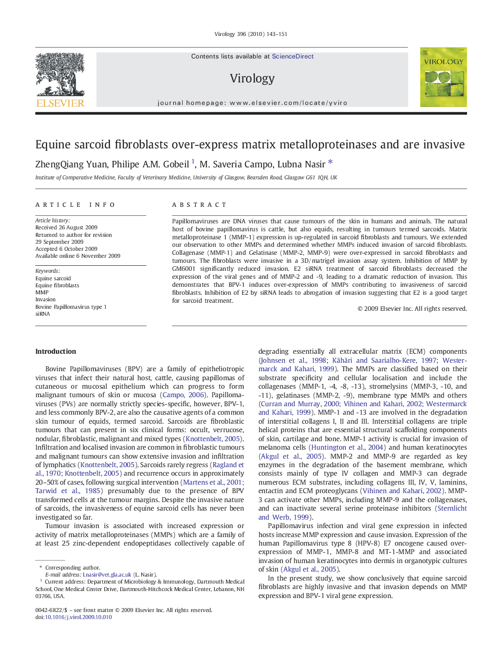 Equine sarcoid fibroblasts over-express matrix metalloproteinases and are invasive