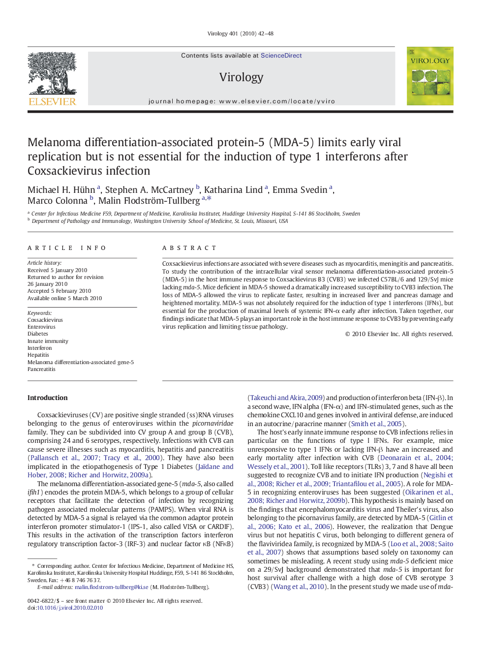 Melanoma differentiation-associated protein-5 (MDA-5) limits early viral replication but is not essential for the induction of type 1 interferons after Coxsackievirus infection