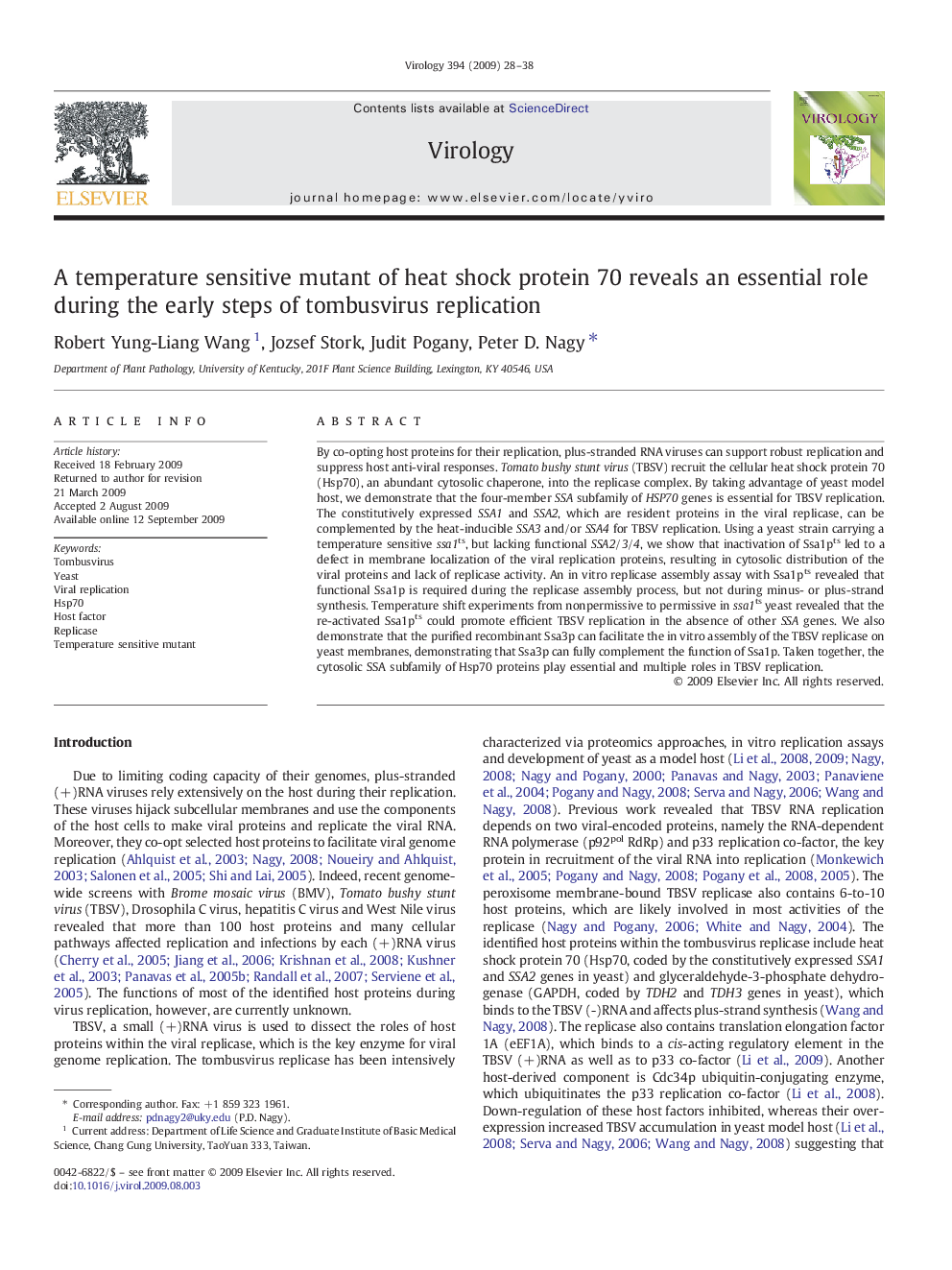 A temperature sensitive mutant of heat shock protein 70 reveals an essential role during the early steps of tombusvirus replication