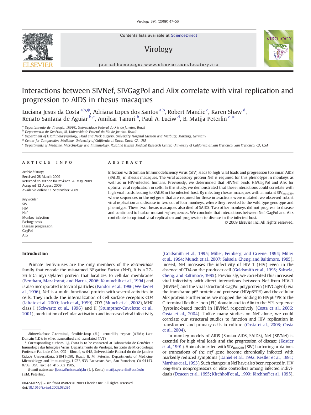 Interactions between SIVNef, SIVGagPol and Alix correlate with viral replication and progression to AIDS in rhesus macaques