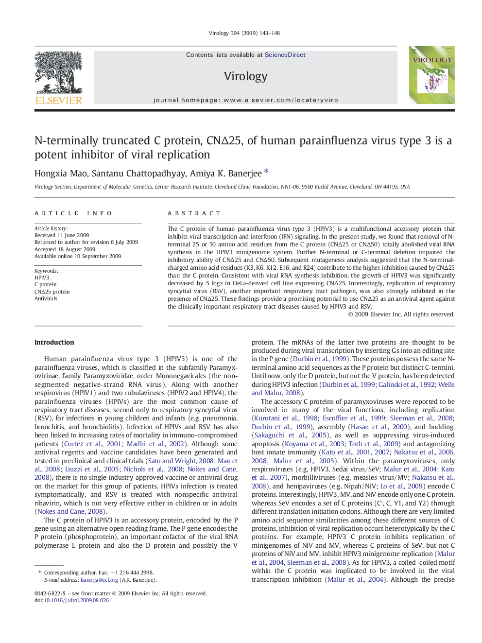 N-terminally truncated C protein, CNÎ25, of human parainfluenza virus type 3 is a potent inhibitor of viral replication