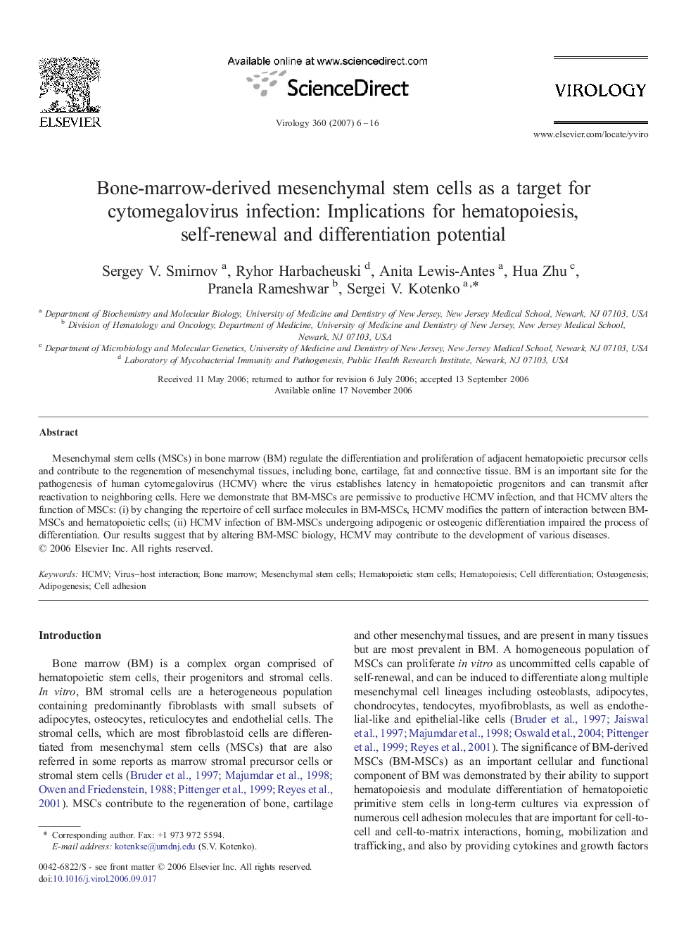 Bone-marrow-derived mesenchymal stem cells as a target for cytomegalovirus infection: Implications for hematopoiesis, self-renewal and differentiation potential