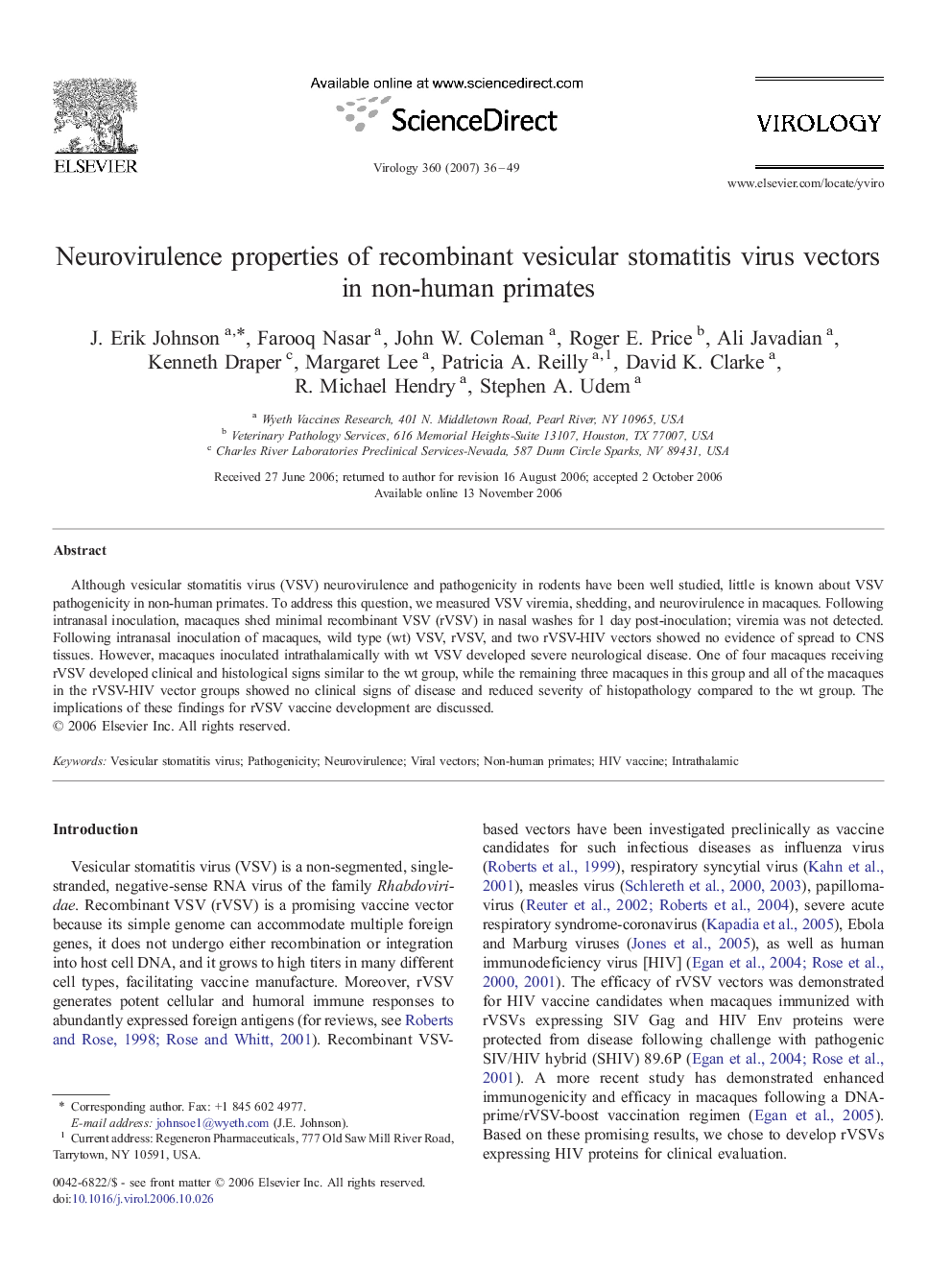 Neurovirulence properties of recombinant vesicular stomatitis virus vectors in non-human primates