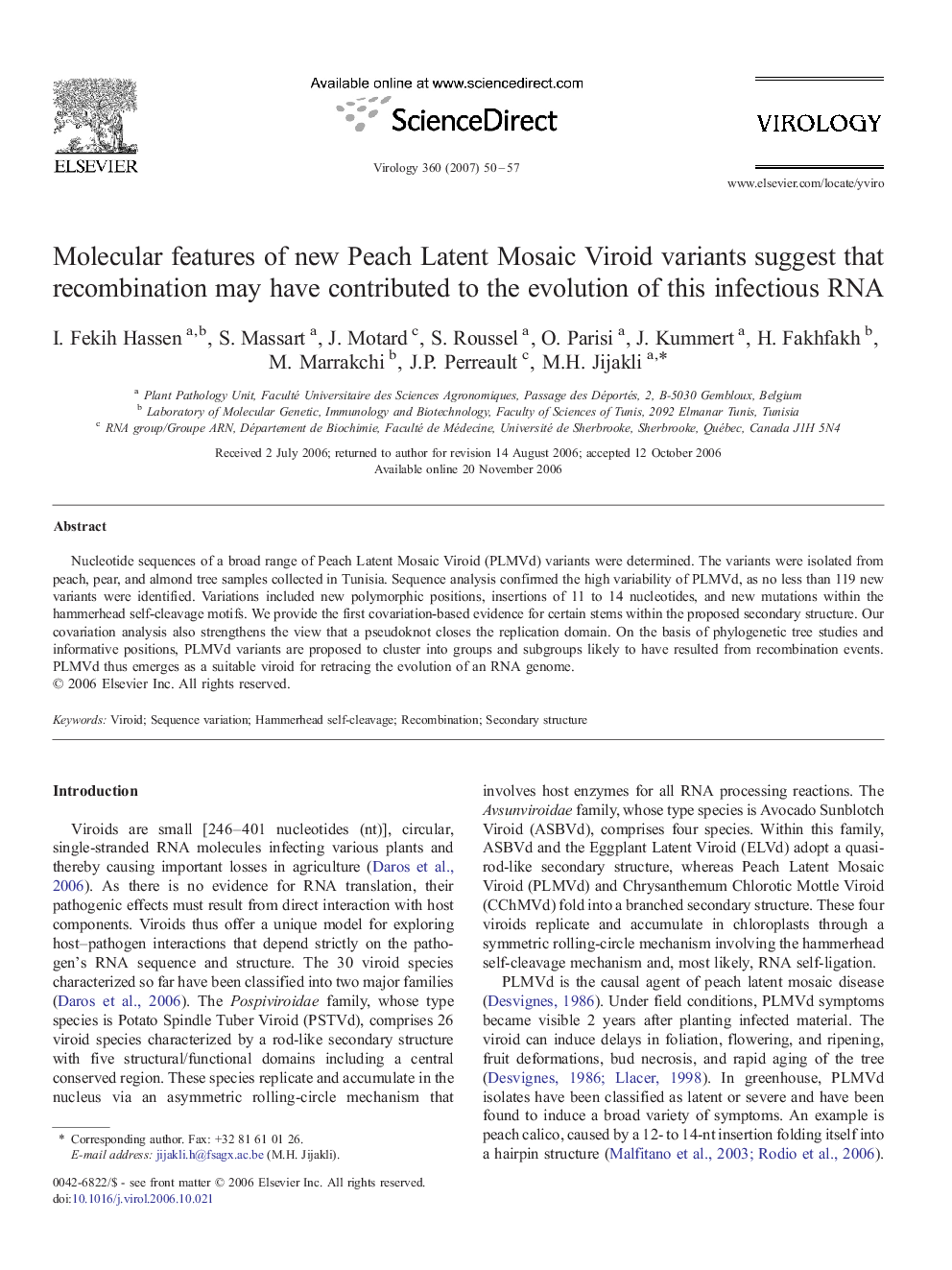 Molecular features of new Peach Latent Mosaic Viroid variants suggest that recombination may have contributed to the evolution of this infectious RNA