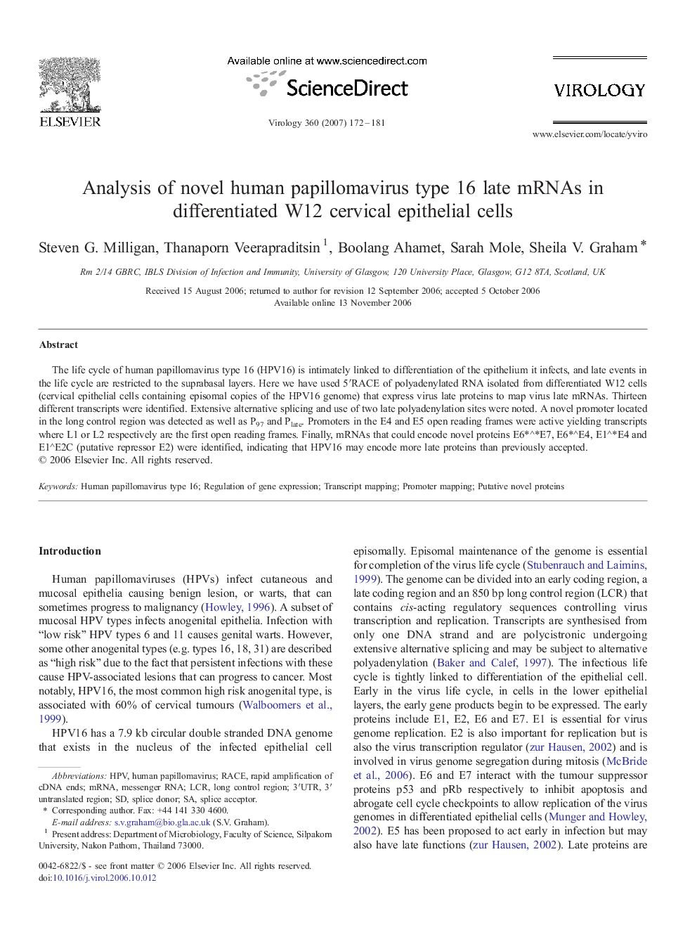 Analysis of novel human papillomavirus type 16 late mRNAs in differentiated W12 cervical epithelial cells