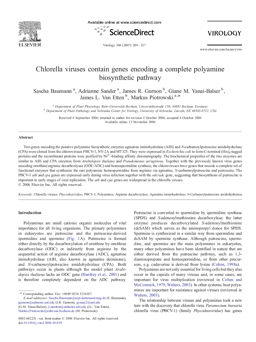 Chlorella viruses contain genes encoding a complete polyamine biosynthetic pathway