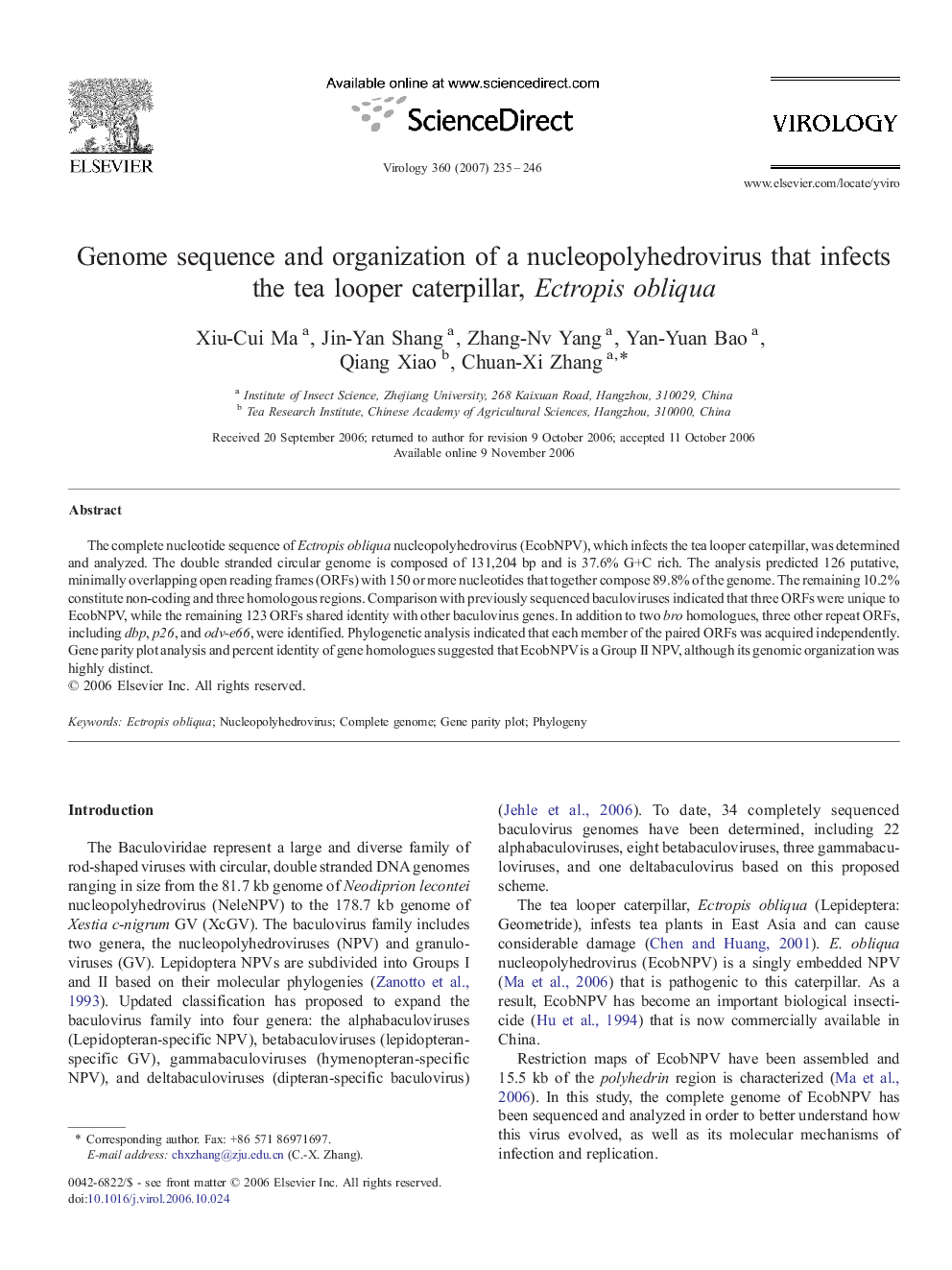 Genome sequence and organization of a nucleopolyhedrovirus that infects the tea looper caterpillar, Ectropis obliqua