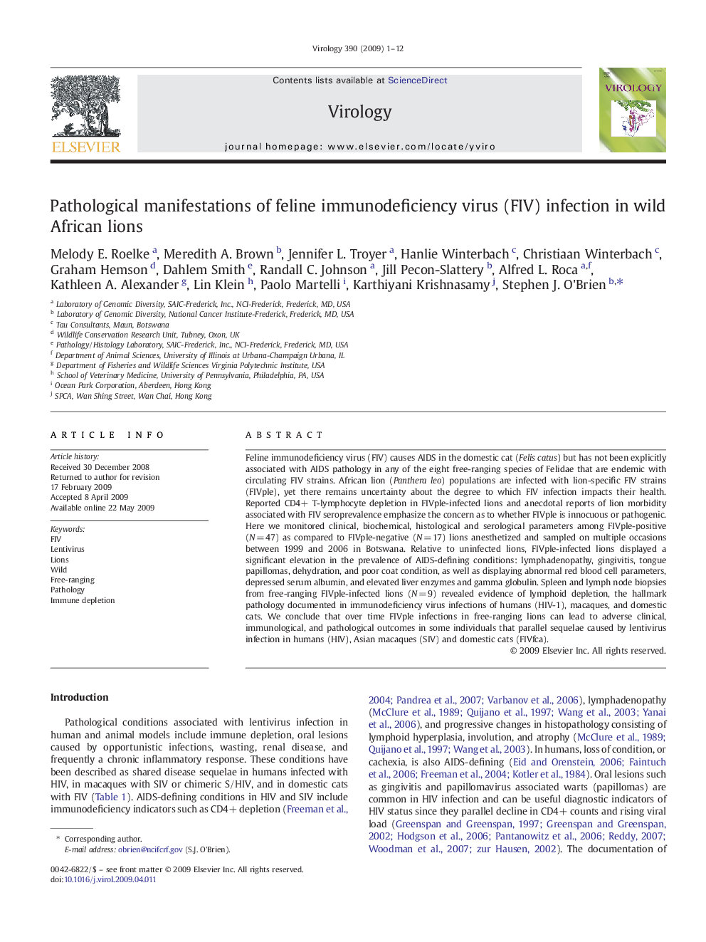 Pathological manifestations of feline immunodeficiency virus (FIV) infection in wild African lions