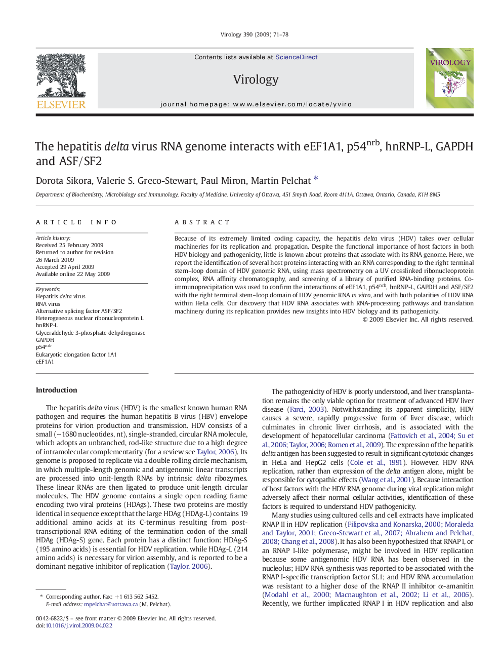 The hepatitis delta virus RNA genome interacts with eEF1A1, p54nrb, hnRNP-L, GAPDH and ASF/SF2