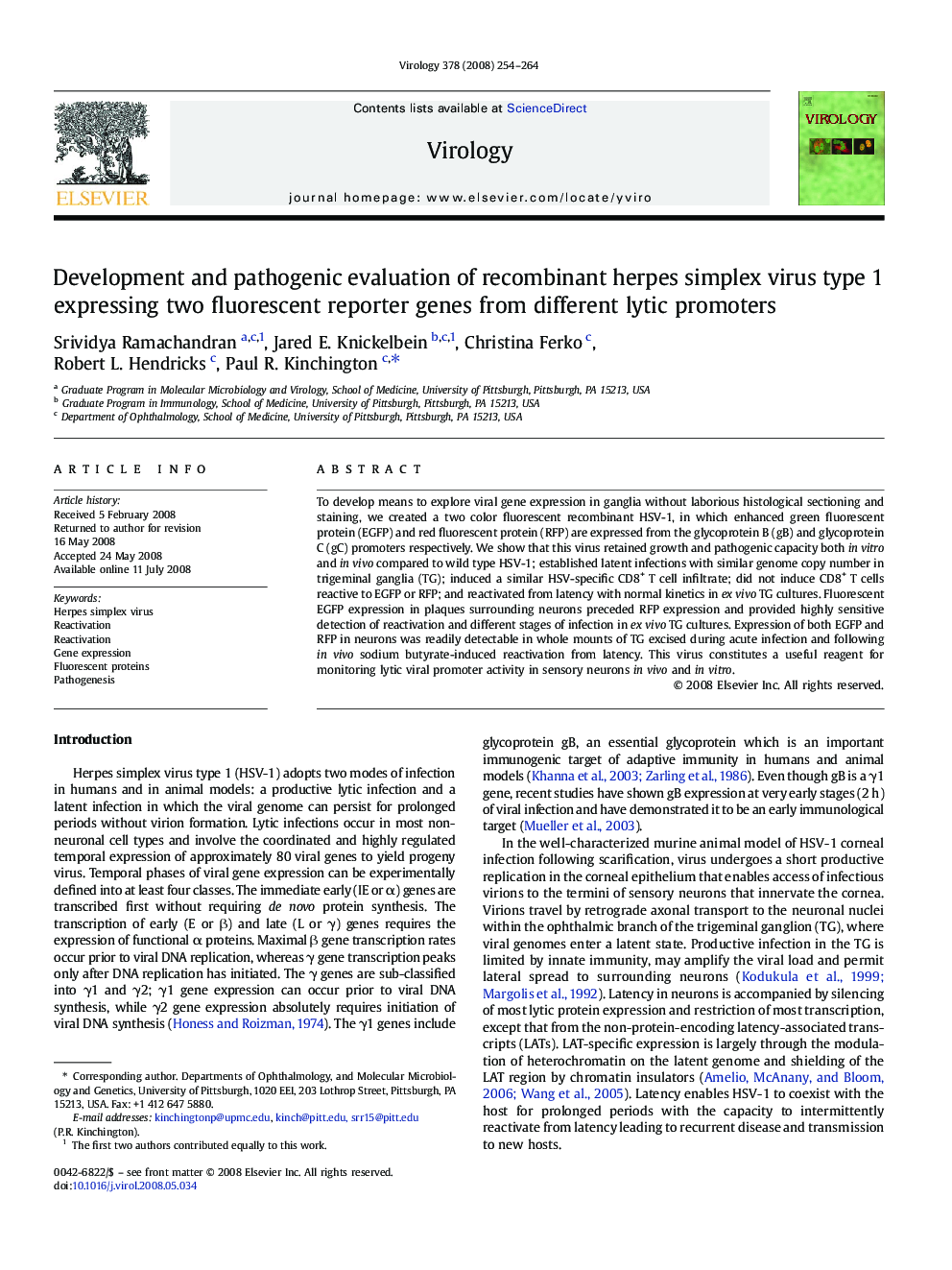 Development and pathogenic evaluation of recombinant herpes simplex virus type 1 expressing two fluorescent reporter genes from different lytic promoters