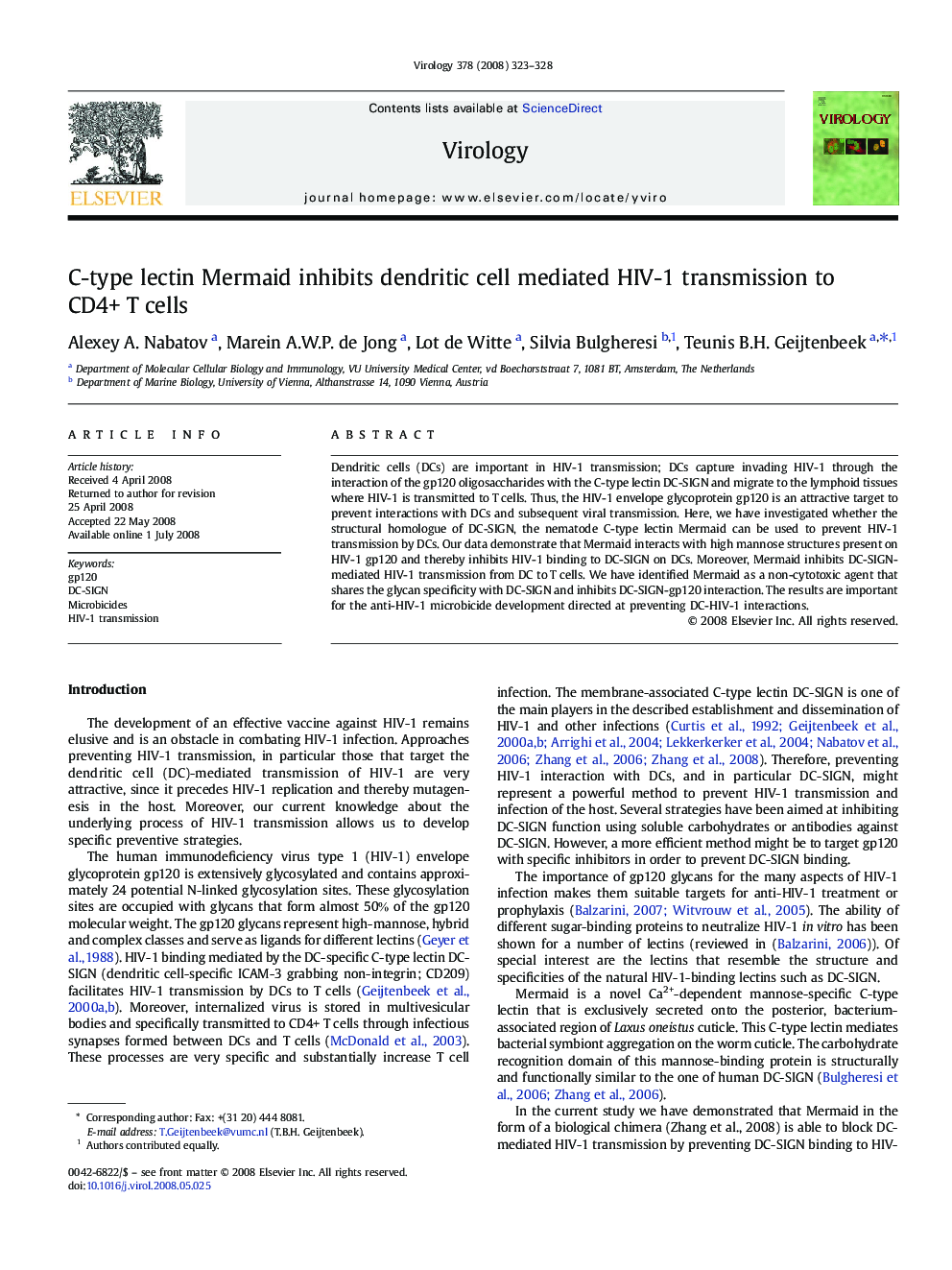 C-type lectin Mermaid inhibits dendritic cell mediated HIV-1 transmission to CD4+ T cells