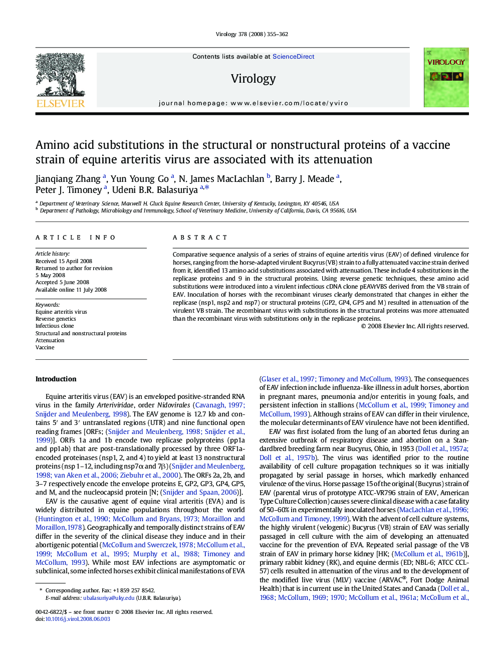 Amino acid substitutions in the structural or nonstructural proteins of a vaccine strain of equine arteritis virus are associated with its attenuation