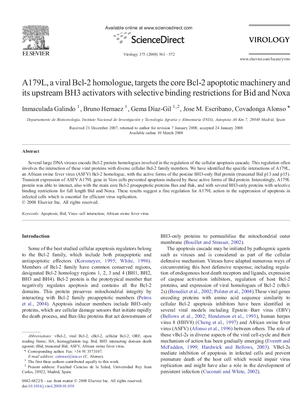 A179L, a viral Bcl-2 homologue, targets the core Bcl-2 apoptotic machinery and its upstream BH3 activators with selective binding restrictions for Bid and Noxa