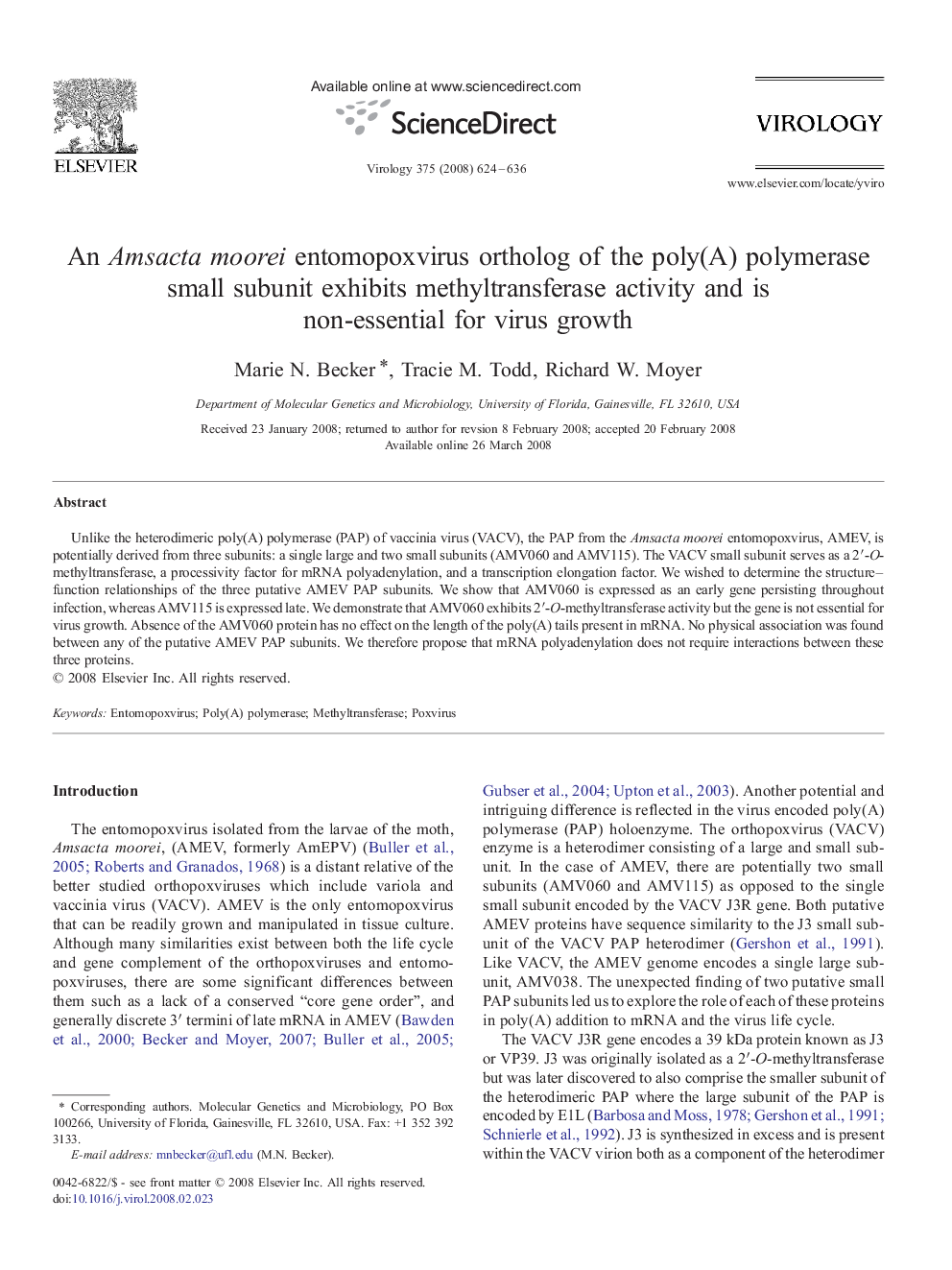 An Amsacta moorei entomopoxvirus ortholog of the poly(A) polymerase small subunit exhibits methyltransferase activity and is non-essential for virus growth