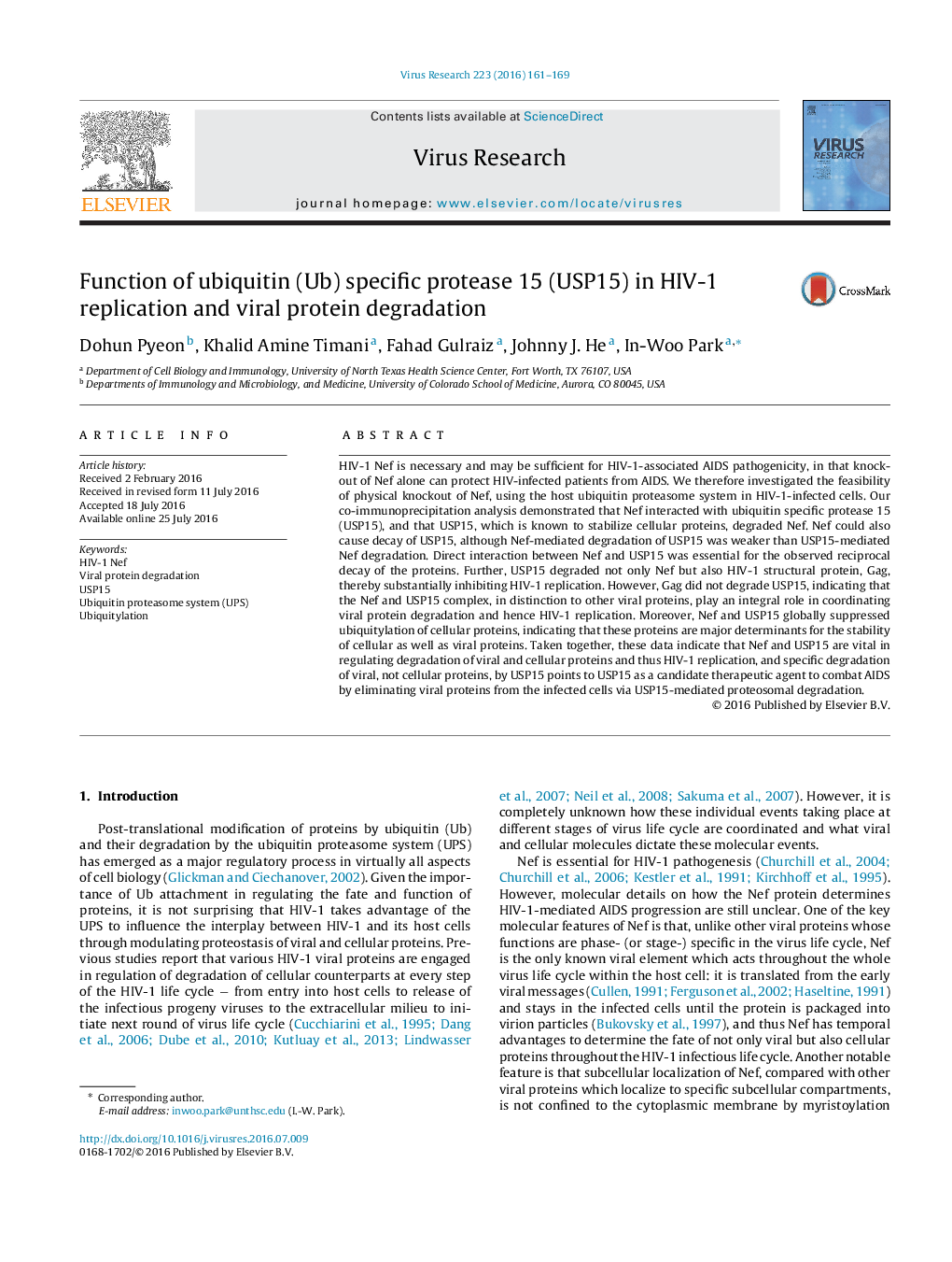 Function of ubiquitin (Ub) specific protease 15 (USP15) in HIV-1 replication and viral protein degradation