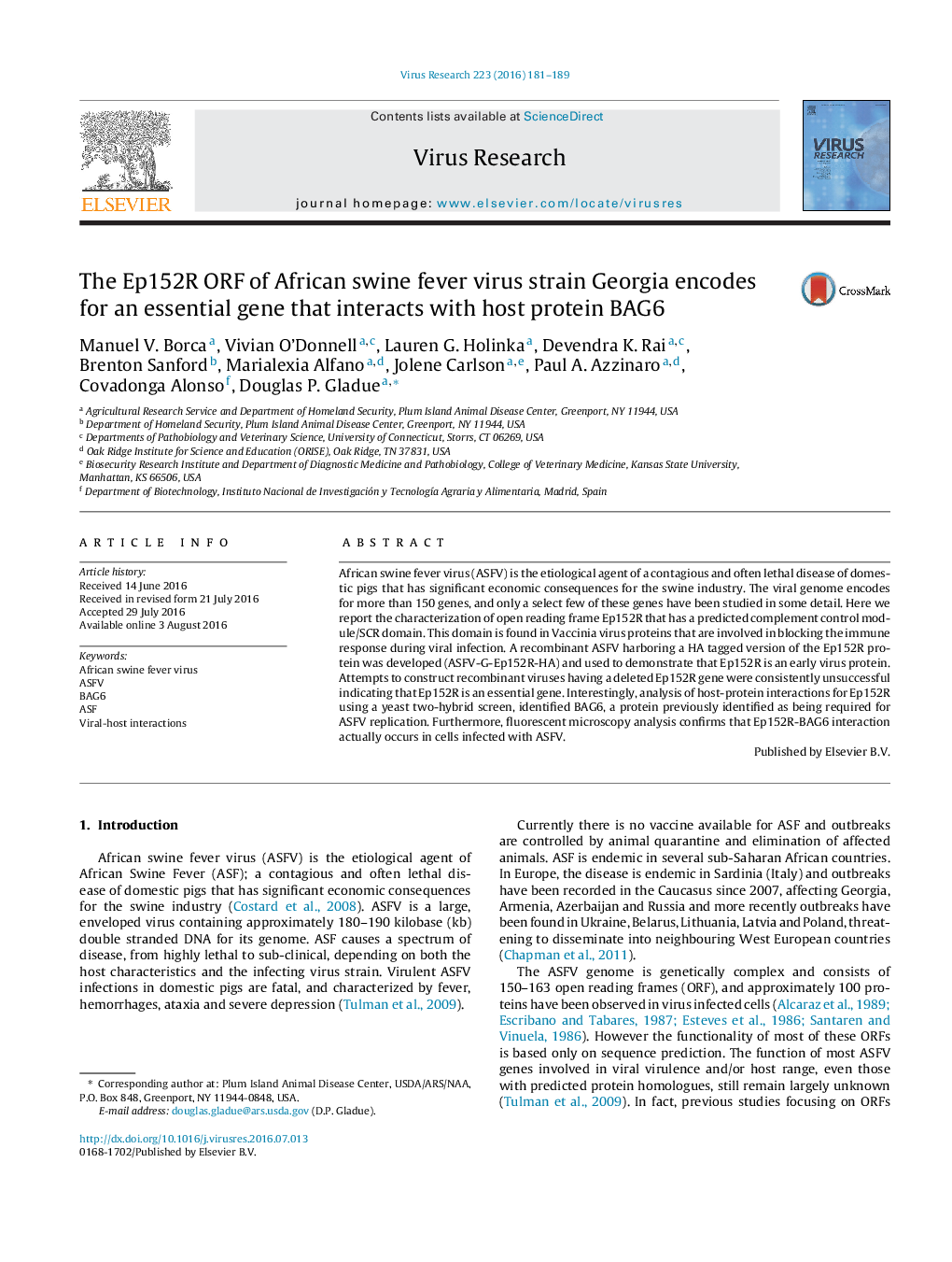 The Ep152R ORF of African swine fever virus strain Georgia encodes for an essential gene that interacts with host protein BAG6