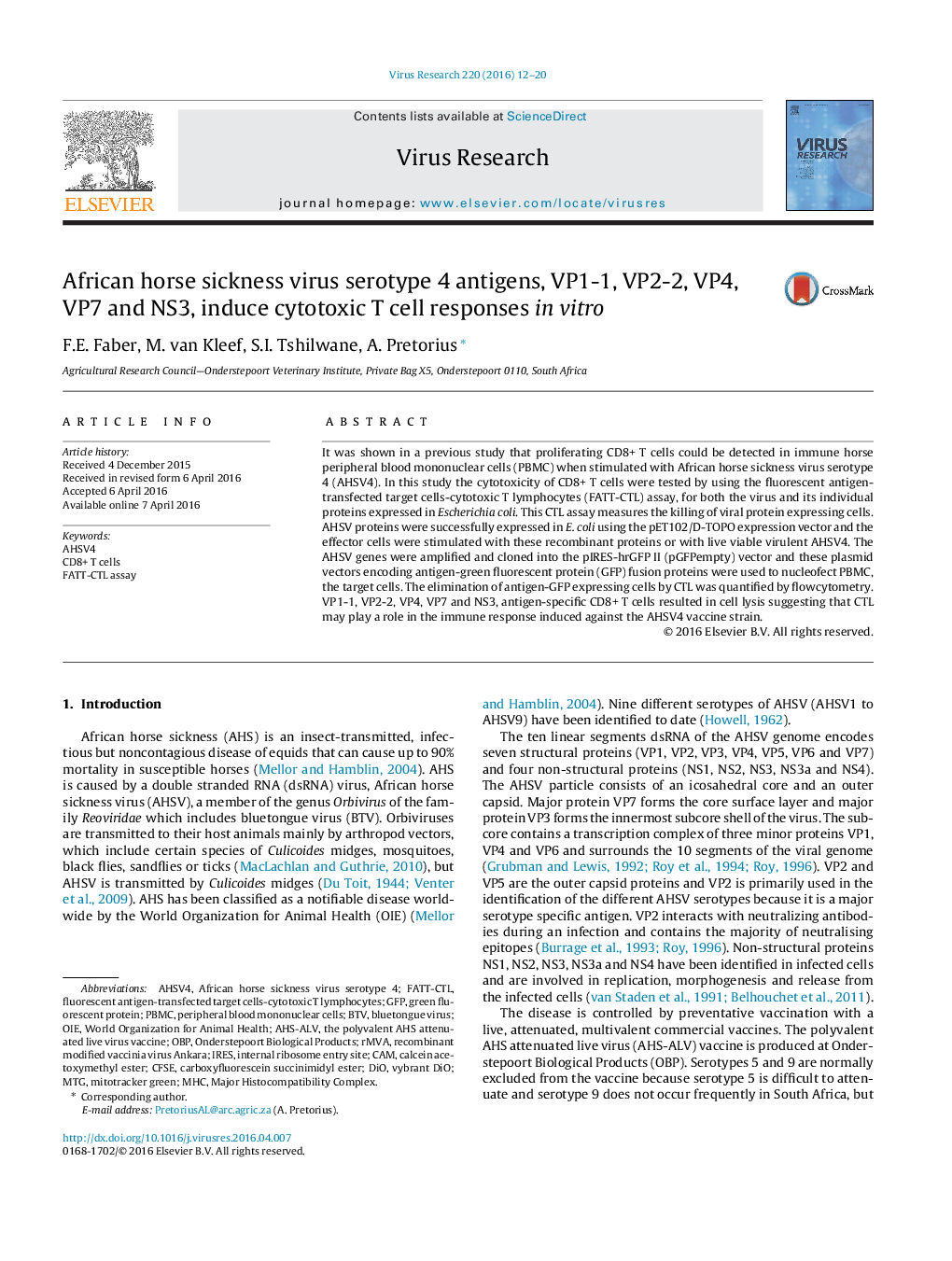 African horse sickness virus serotype 4 antigens, VP1-1, VP2-2, VP4, VP7 and NS3, induce cytotoxic T cell responses in vitro