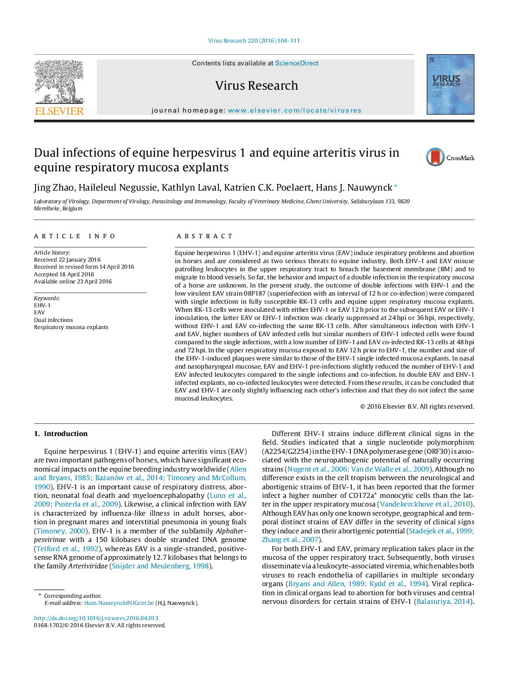 Dual infections of equine herpesvirus 1 and equine arteritis virus in equine respiratory mucosa explants