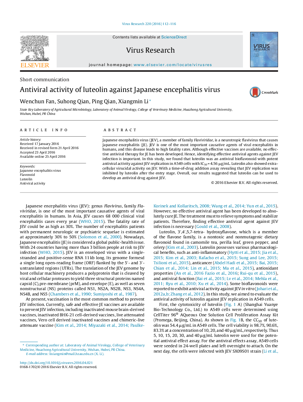 Antiviral activity of luteolin against Japanese encephalitis virus