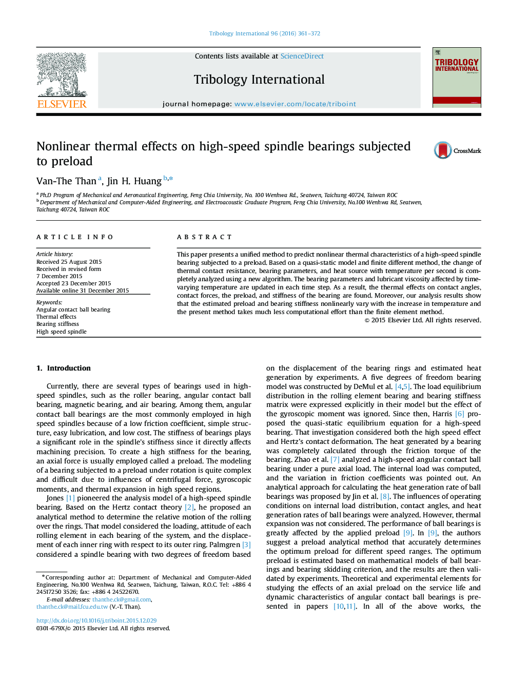 Nonlinear thermal effects on high-speed spindle bearings subjected to preload