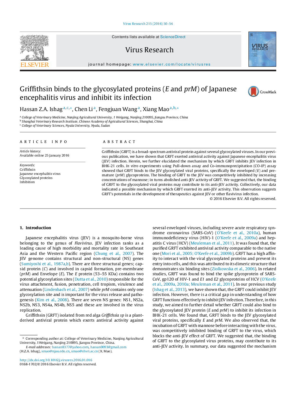 Griffithsin binds to the glycosylated proteins (E and prM) of Japanese encephalitis virus and inhibit its infection