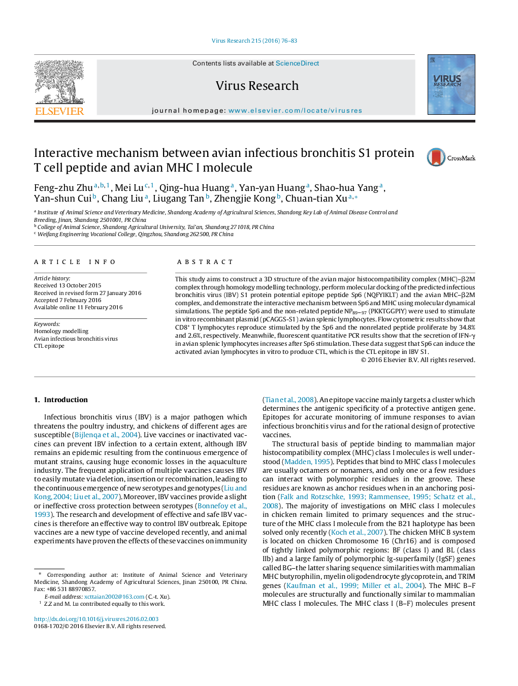 Interactive mechanism between avian infectious bronchitis S1 protein T cell peptide and avian MHC I molecule