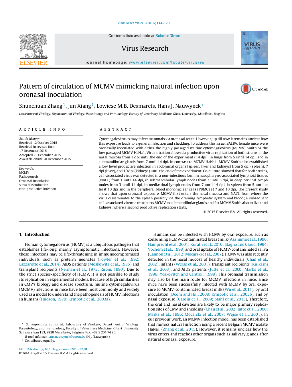 Pattern of circulation of MCMV mimicking natural infection upon oronasal inoculation