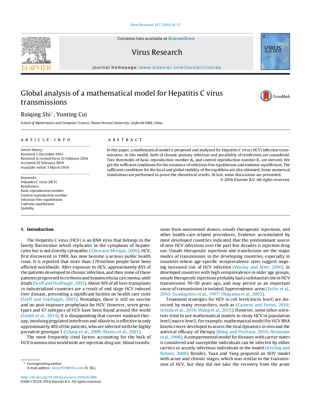 Global analysis of a mathematical model for Hepatitis C virus transmissions