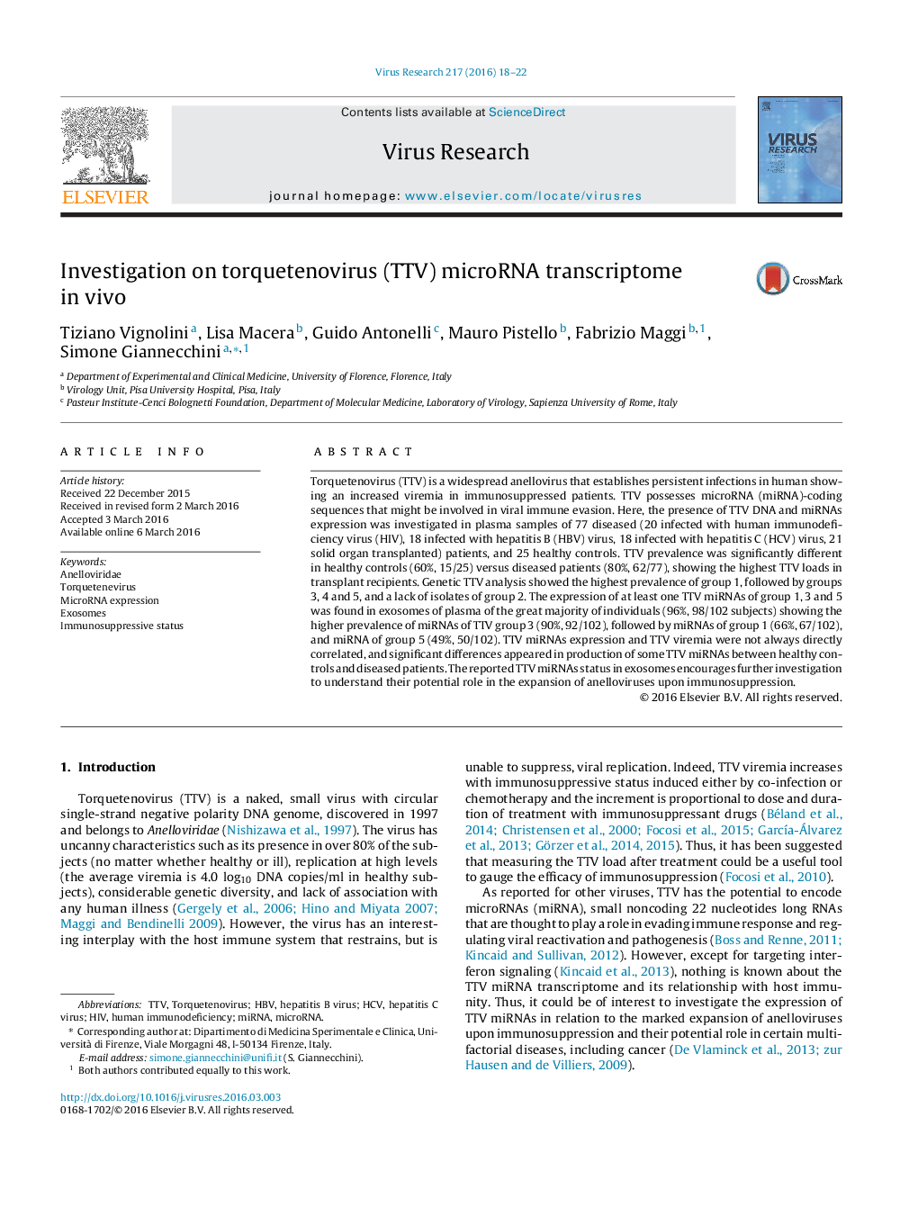 Investigation on torquetenovirus (TTV) microRNA transcriptome in vivo