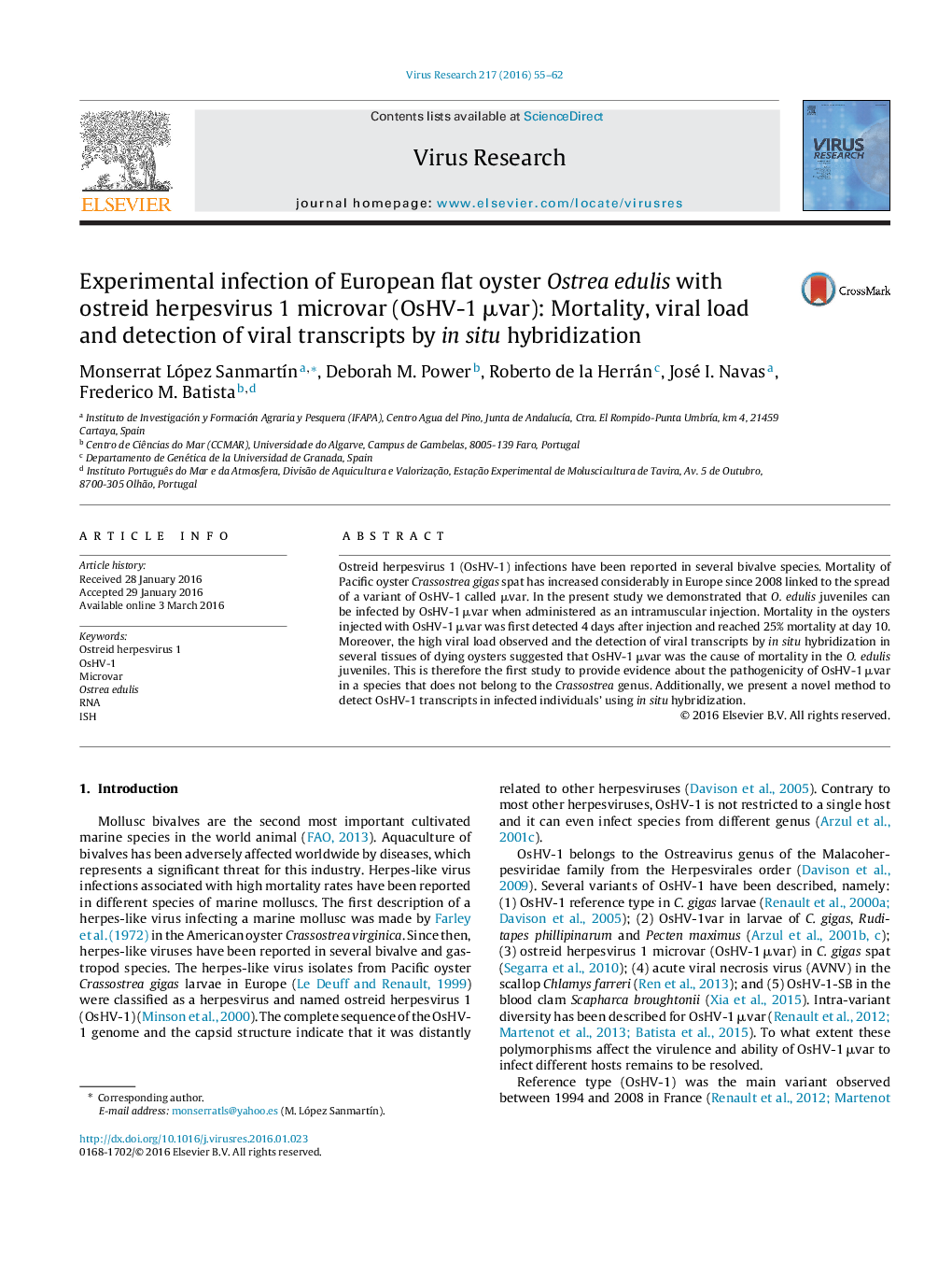 Experimental infection of European flat oyster Ostrea edulis with ostreid herpesvirus 1 microvar (OsHV-1Â Î¼var): Mortality, viral load and detection of viral transcripts by in situ hybridization